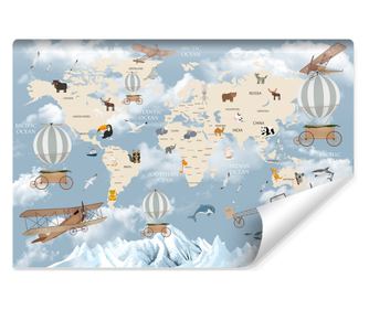 Fototapeta Nástěnná dekorace do dětského pokoje letadla balónky pohádková mapa světa s 3D efektem  368x254cm