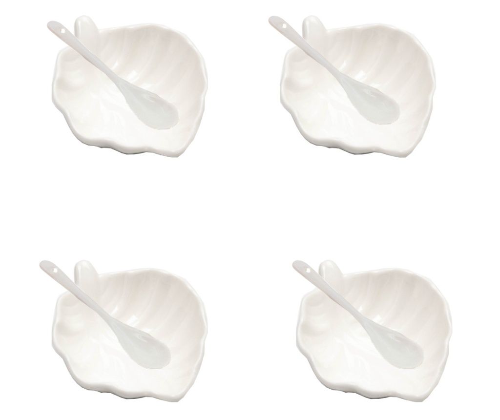 4 db Pufo Leaf porcelán tál készlet előételekhez, desszertekhez, köretekhez, kanalakkal, fehér