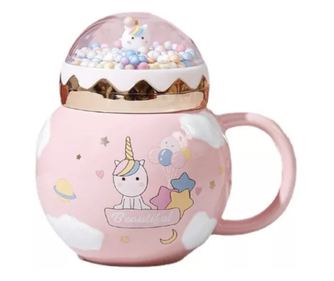 Cana din ceramica cu capac Pufo Unicorn World pentru cafea sau ceai, 400 ml, roz