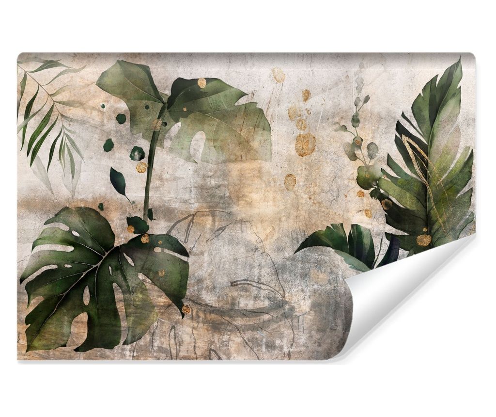 Fototapet abstract cu frunze de monstera, motiv floral, perete de beton, in stil modern  368x254cm