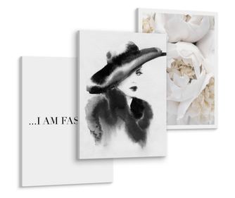 Muralo Vászonfestmény-készlet, 3 db-os, nő kalapban, felirat, virágzó fehér pünkösdi rózsa, modern s 90x40