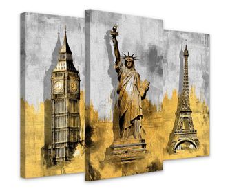 Set 3 tablouri decorative,Turnul Eiffel, Paris, Statuia Libertatii, Big Ben, stil modern, pentru liv  60x40