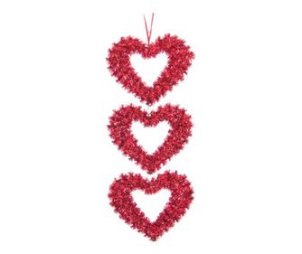 Decoratiune suspendabila Valentine Day formata din 3 inimioare rosii din beteala, tema Ziua indragostitilor, 18.5x55 cm