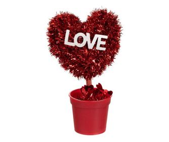 Decoratiune Valentine Day, ghiveci cu floare in forma de inima din beteala si mesaj de dragoste, tema Ziua indragostitilor, inal