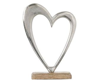 Decor Valentine Day, inima din metal cu baza din lemn, tema Ziua indragostitilor, inaltime 27.5 cm