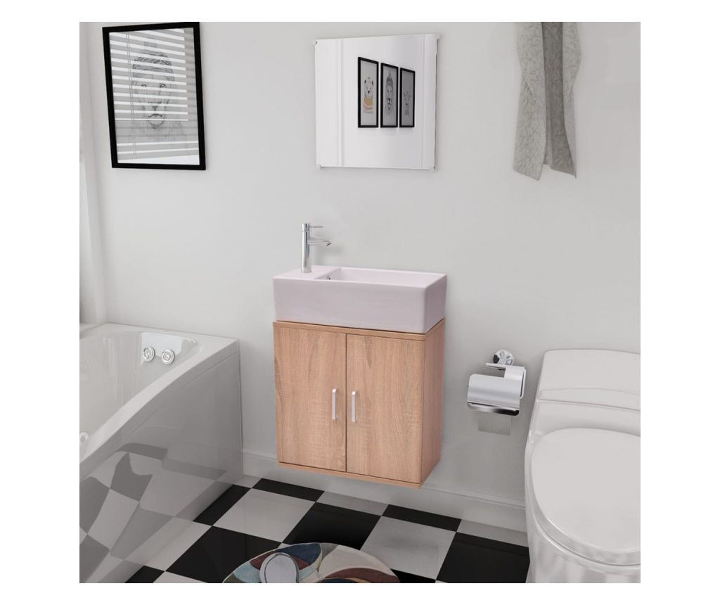 Set mobilier baie format din 3 piese cu chiuvetă inclusă, Bej
