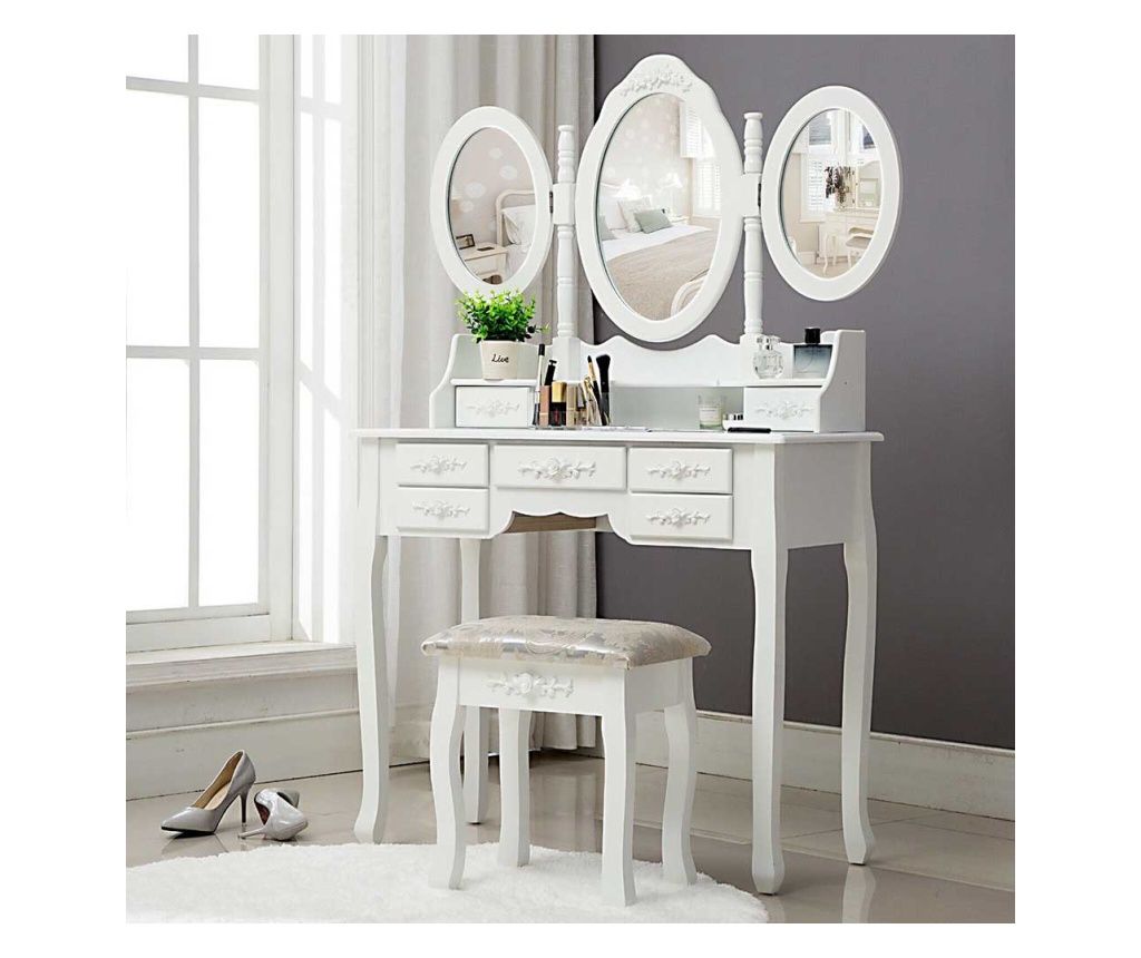 Toaletní stolek s taburetkou, Milano, bílý 