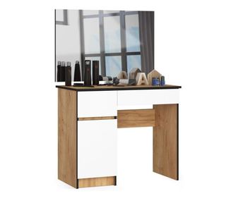 Toaletka/Stolik do makijażu, 2 szuflady po lewej, z lustrem, szafką, biała i dąb, 90x50x77/142 cm