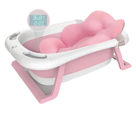 Cadita pliabila cu suport buretat si termometru, pentru bebelusi, roz