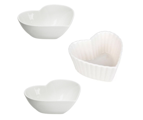Set 3 boluri din ceramica Pufo Heart pentru aperitive, desert, sosiera, albe