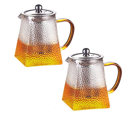 Комплект Чайник с цедка Quasar & Co., за чай/кафе, Термоустойчиво стъкло, 750 ml, Прозрачен, 2 броя