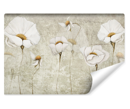 Fototapet abstract, maci albi, flori pe spate de beton, decor de perete pentru camera de zi, dormito
