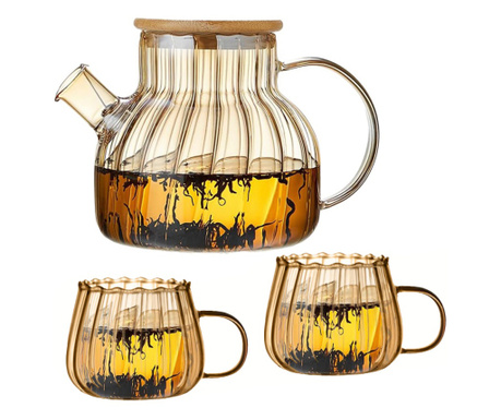 Set ceainic cu 2 cani, Quasar & Co., cu filtru si capac, 950 ml/2x400 ml, sticla borosilicate/bambus, amber