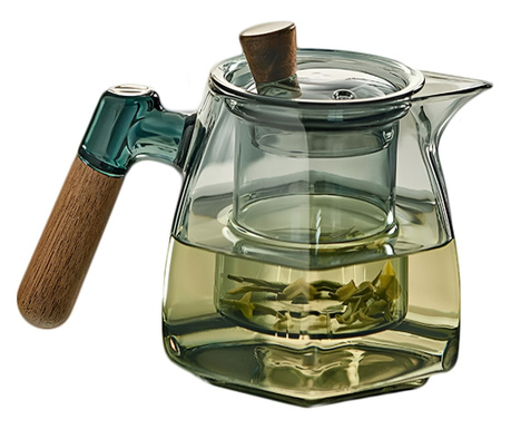 Ceainic, Quasar & Co., recipient pentru ceai/cafea cu infuzor, capac si maner, 600 ml, sticla borosilicata/lemn nuc, gri grafit