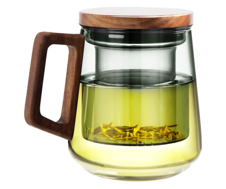 Cana cu infuzor, Quasar & Co., recipient pentru ceai/cafea, capac si maner, 500 ml, sticla borosilicata/lemn acacia, gri grafit