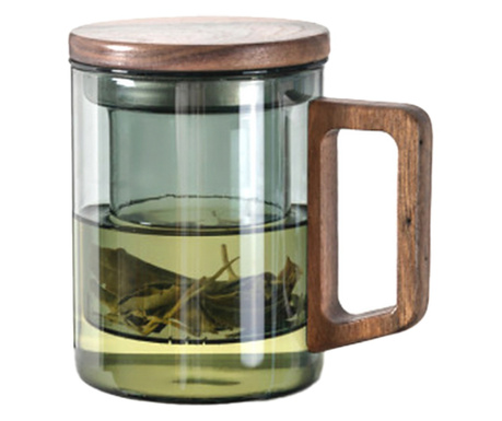 Cana cu infuzor, Quasar & Co., recipient pentru ceai/cafea, capac si maner, 400 ml, sticla borosilicata/lemn acacia, gri grafit