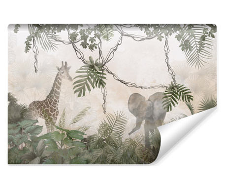 Fototapet animale din jungla, elefant, girafa, plante exotice, frunze verzi pentru o c  90x60