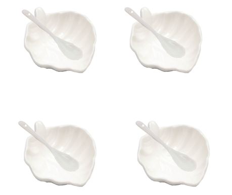 4 db Pufo Leaf porcelán tál készlet előételekhez, desszertekhez, köretekhez, kanalakkal, fehér