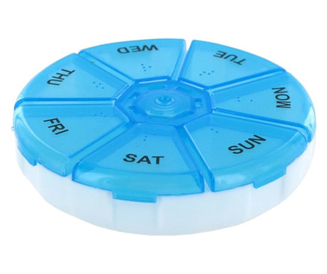 Cutie rotunda pentru organizare medicamente, vitamine sau suplimente pentru o saptamana,Pufo Pill, 9 cm, albastru