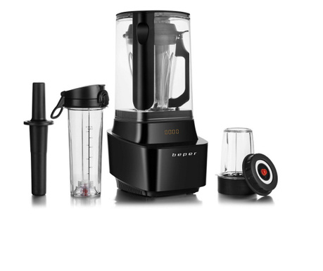 Blender vacuum Beper BP.620, 1000W, 1L, Fără BPA, Capac izolat fonic, Soft Touch, 2x viteze+impulsuri, Negru