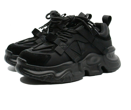 Pantofi sport damă Stephano negri din piele naturală cu panglici decorative-40 EU