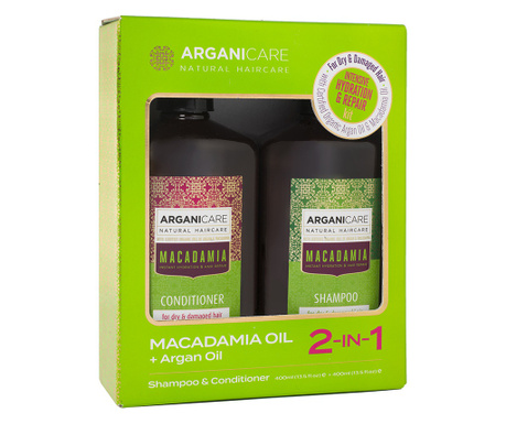 Set Sampon & Balsam cu Ulei de Macadamia si Ulei de Argan, pentru par uscat sau deteriorat, Arganicare, 400 ml x2