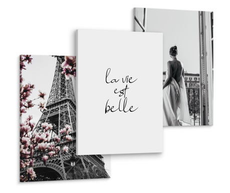 Muralo Vászonfestmény-készlet, 3 db-os, Eiffel-torony, Nő, Párizs, nyíló virágok, 90x40
