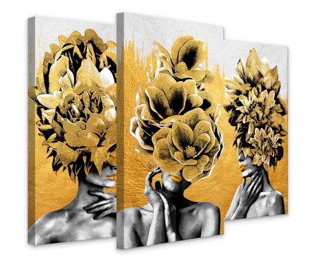 Set 3 tablouri decorative, Portret abstract al unei femei cu turban de flori galbene, fata ipsos, fu