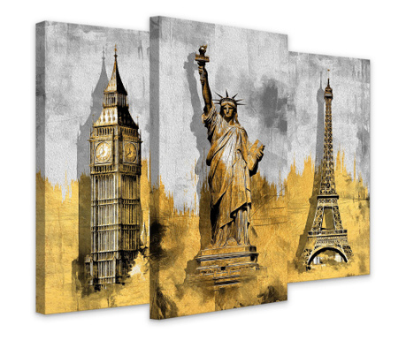 Muralo Vaszonfestmeny-keszlet, 3 db-os, Eiffel-torony, Szabadsag-szobor, Big Ben, sarga diszites