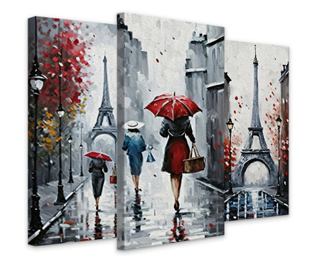 Muralo Vászonfestmény-készlet, 3 db-os, Eiffel-torony, nők Párizs utcáin, esős nap, nappaliba