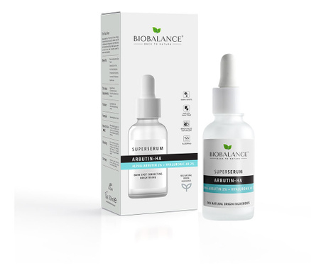 Super Serum Arbutin-HA cu Alpha-Arbutina 2% + Acid Hialuronic 4D 2%, Impotriva Petelor Pigmentare, Bio Balance, 30 ml