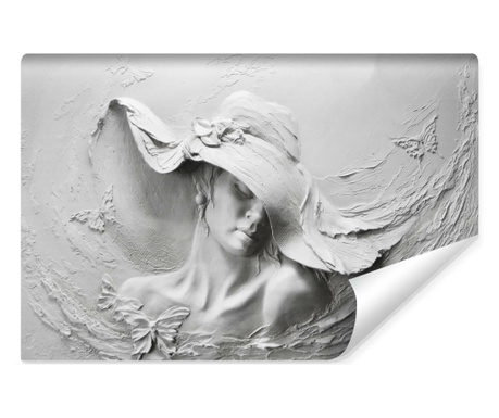 Fototapet Femeie cu palarie, model 3D modern, efect sculptura in ipsos fluturi, pent