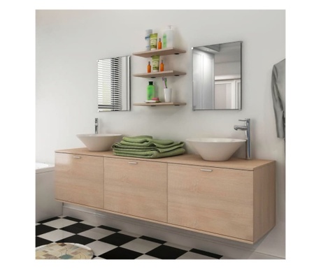 Комплект мебели за баня от 10 части с включени мивки и смесители, Бежов