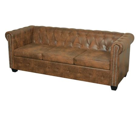 Καναπές Chesterfield, 3 θέσεων, καφέ, απομίμηση δέρματος