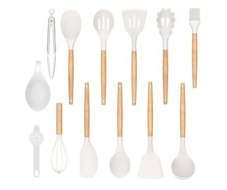 Set ustensile de bucatarie 14 piese, cu cap din silicon termorezistent si suport, alb