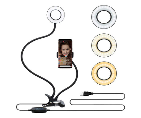 Suport selfie flexibil Universal pentru telefon cu lumini LED si clama de prindere,ring light cu 3 moduri de iluminare, culoare