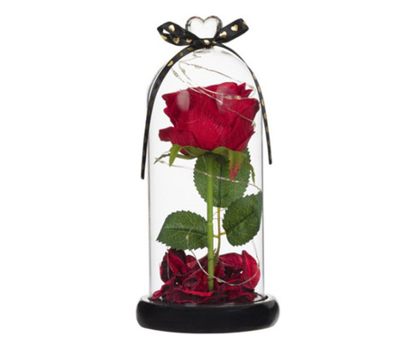 Set cadou Valentine Day, trandafir artificial, petale parfumate, in dom, cu lumina LED, 23.5 cm