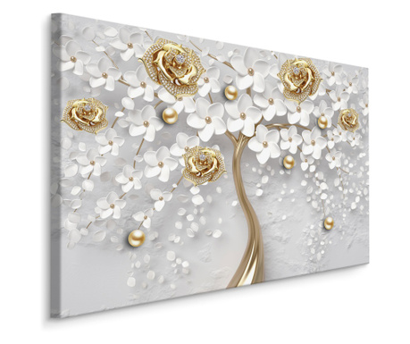 Tablou Decorativ Copac Abstract cu Flori albe 3d pentru Living, Dormitor, Panza pe cadru de