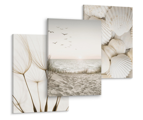 3 db-os dekoratív festmény tengeri tájkép, kagylók, pitypangmag készlet 90x40
