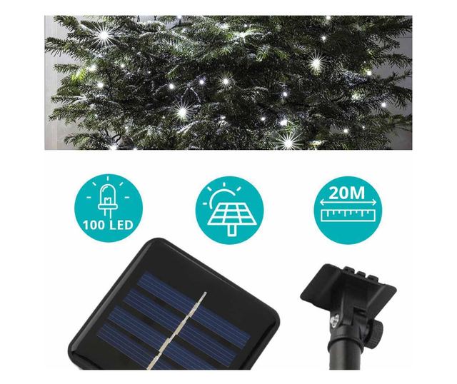 Ghirlanda luminoasa solara pentru gradina cu 100 LED, 20 m - Alb rece