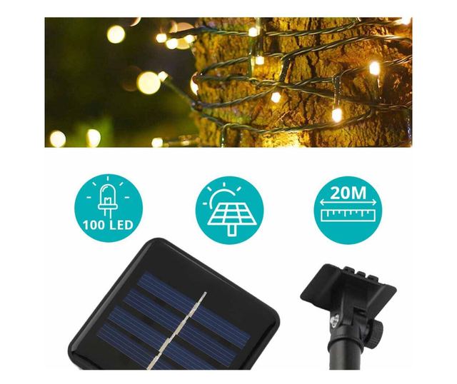 Ghirlanda luminoasa solara pentru gradina cu 100 LED, 20 m - Alb cald