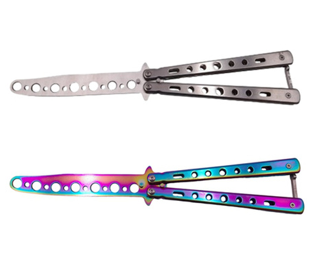 Комплект от два тренировъчни ножа за пеперуди IdeallStore®, Rainbow Distortion, неръждаема стомана