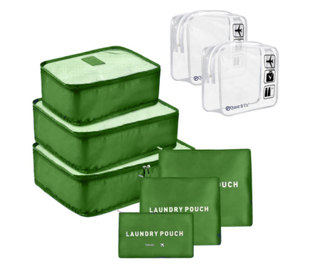 Комплект органайзери за пътуване, Quasar & Co., с козметични чанти, Зелен, 8 броя