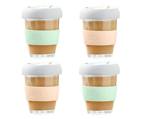 Комплект от 4 чаши за кафе/чай, Quasar & Co., модел To Go, стъкло, 320 мл, Корал/Зелен