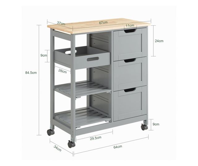 SoBuy Kuhinjski voziček Kuhinjska omarica s 3 predali in 1 košaro FKW79-HG