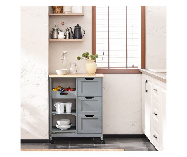 SoBuy Kuhinjski voziček Kuhinjska omarica s 3 predali in 1 košaro FKW79-HG