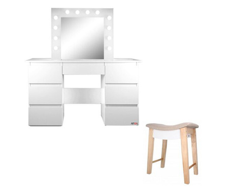 Masa de toaleta/machiaj + Taburet Vintage, alba, cu oglinda si LED-uri, Vanessa, 130x43x143 cm
