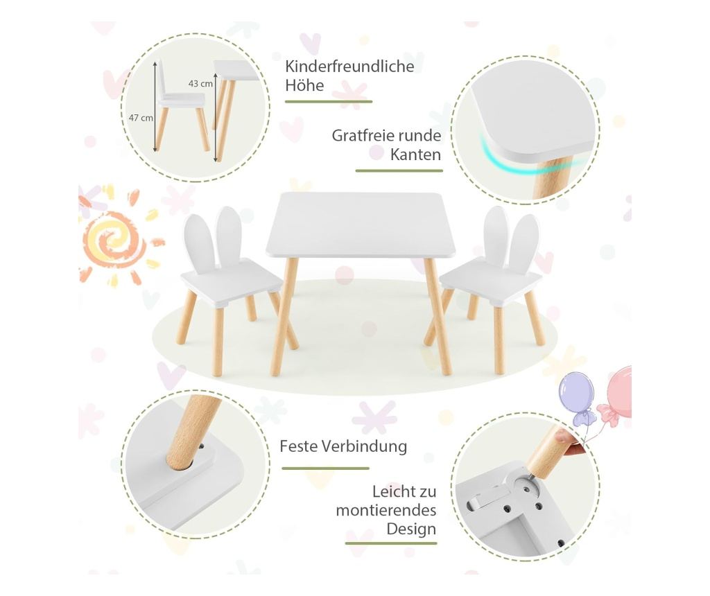 Dětský dřevěný stolek se 2 židlemi BUNNY, sada pro učení, kreslení, hraní, stolování, do dětského pokoje, bílá - 9