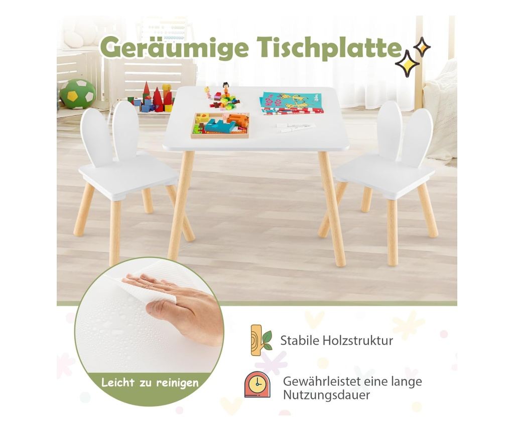 Dětský dřevěný stolek se 2 židlemi BUNNY, sada pro učení, kreslení, hraní, stolování, do dětského pokoje, bílá - 2