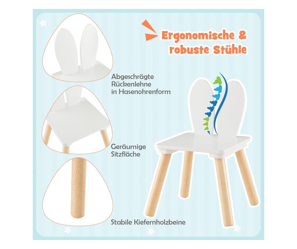 Dětský dřevěný stolek se 2 židlemi BUNNY, sada pro učení, kreslení, hraní, stolování, do dětského pokoje, bílá - 14
